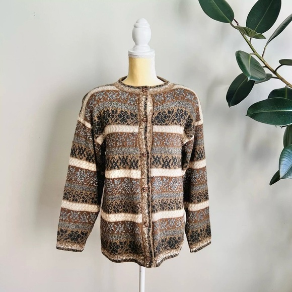 The Alpaca Connection Wool Fair Isle Cardigan Sweater Size M Hand Made - Picture 1 of 7
